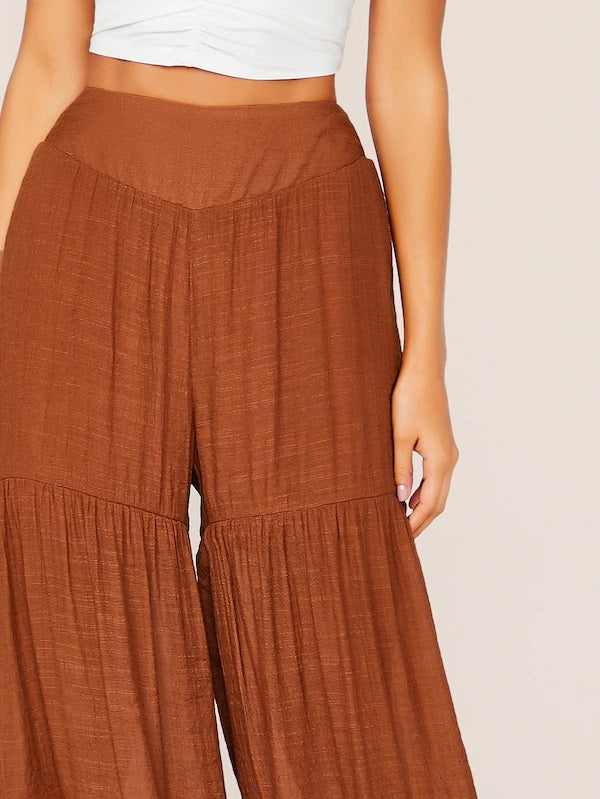 CM-BS705178 Women Casual Seoul Style High Waist Layered Ruffle Hem Super Palazzo Pants - Brown