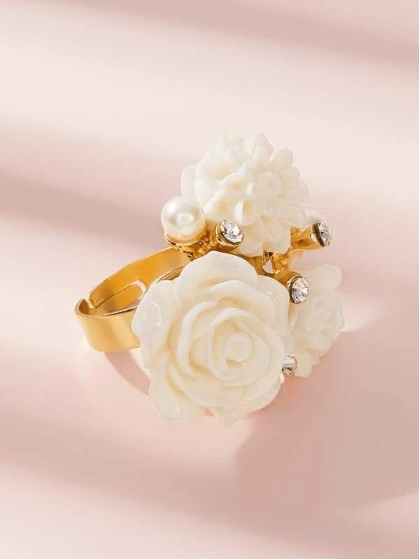 CM-AXS719534 Women Trendy Seoul Style Floral And Rhinestone Decor Ring