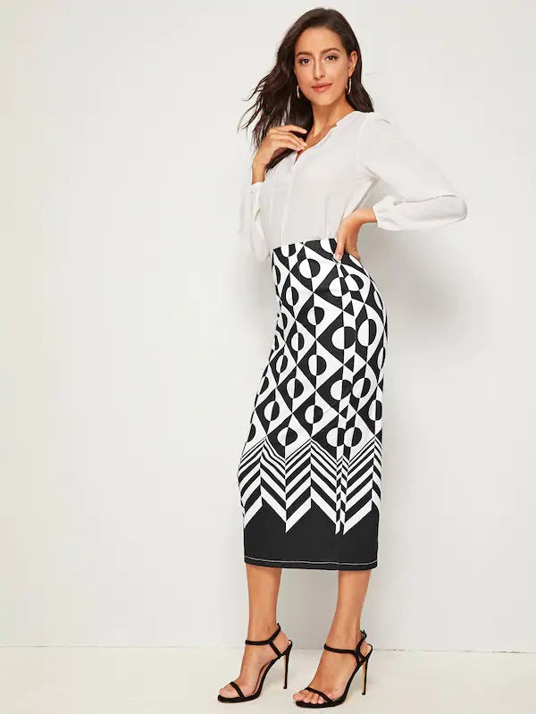 CM-BS722242 Women Elegant Seoul Style Geometric Print Zip Back Split Skirt - Black