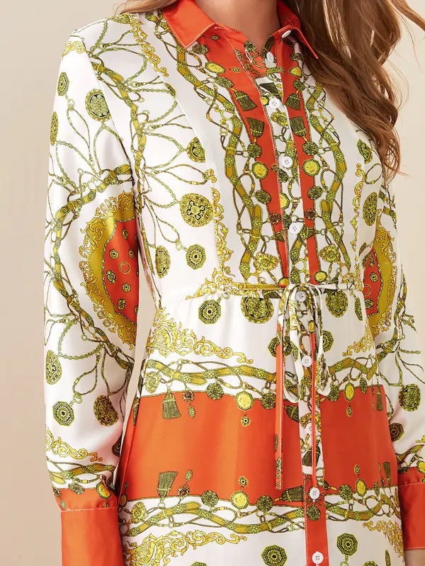 CM-DS709217 Women Casual Seoul Style Long Sleeve Scarf Print Tie Front Shirt Midi Dress