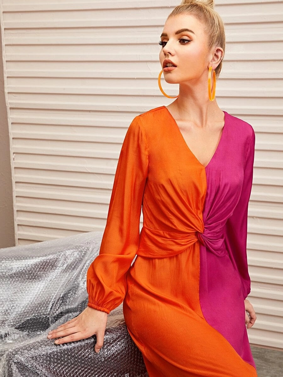 CM-DS710557 Women Elegant Seoul Style V-Neck Lantern Sleeve Twist Front Two Tone A-Line Dress