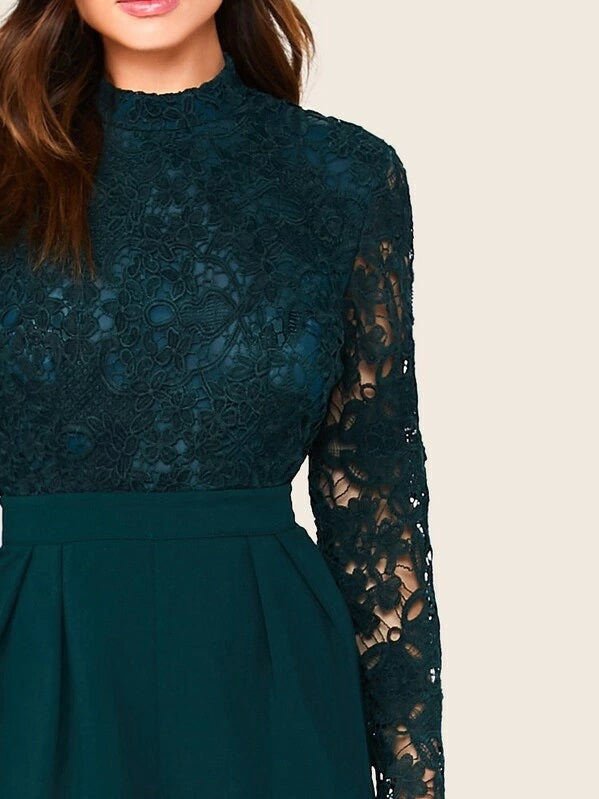 CM-JS708729 Women Elegant Seoul Style Mock-Neck Guipure Lace Bodice Pleated Jumpsuit - Green
