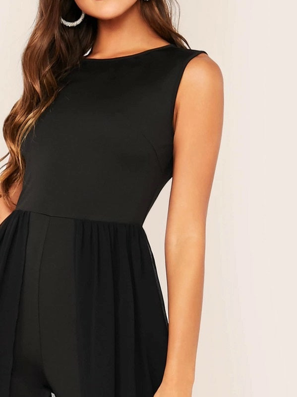 CM-JS710977 Women Elegant Seoul Style Sleeveless Solid Tank Crop Jumpsuit With Skirt - Black