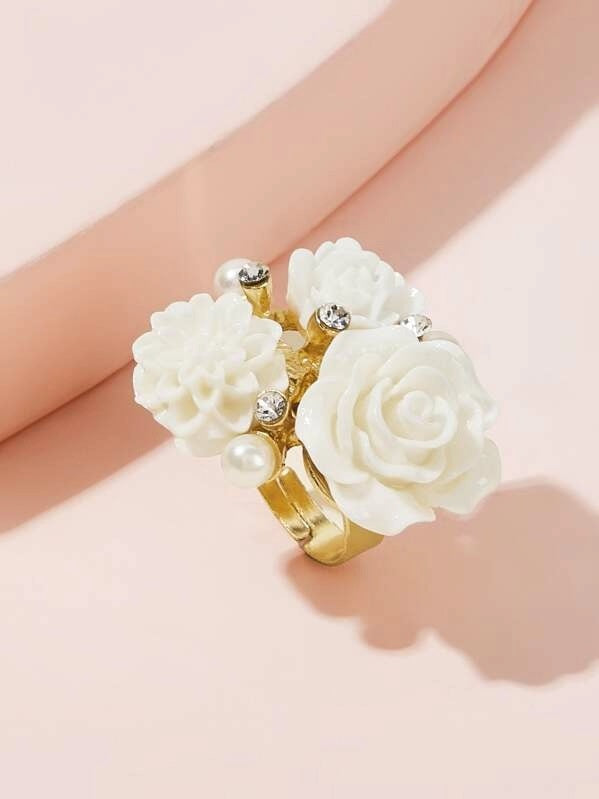 CM-AXS719534 Women Trendy Seoul Style Floral And Rhinestone Decor Ring