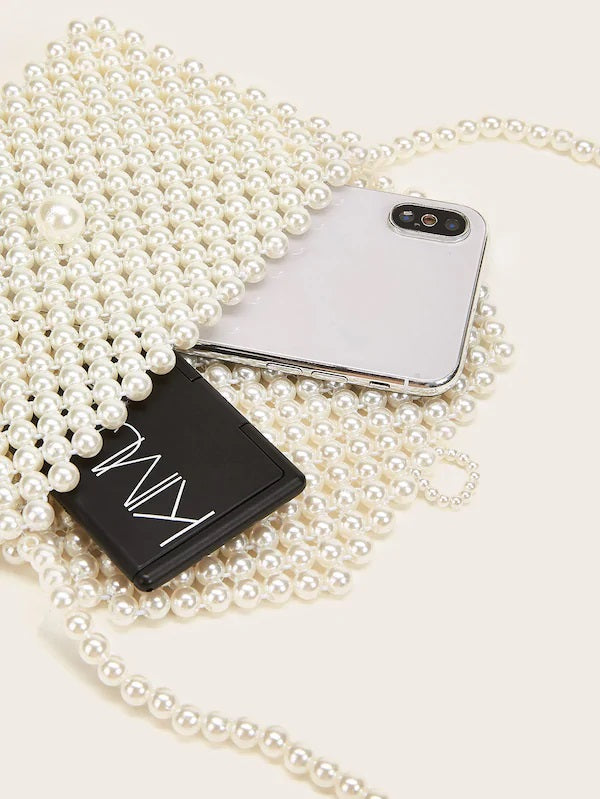 CM-BGS717047 Women Elegant Seoul Style Faux Pearl Beaded Flap Crossbody Bag - White