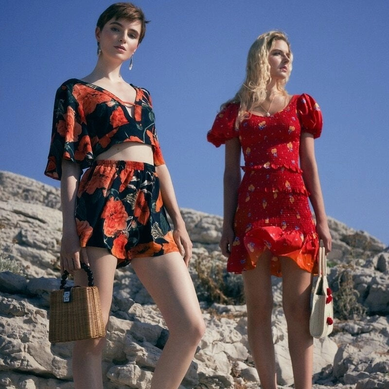 CM-DS419574 Women Trendy Bohemian Style Layered Frill Trim Drop Waist Shirred Floral Dress - Red