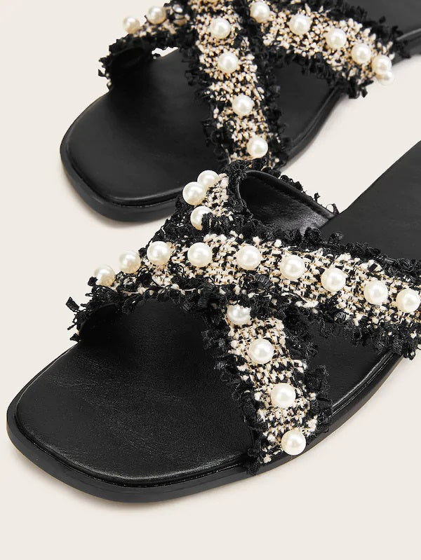 CM-SHS723150 Women Casual Seoul Style Faux Pearl Decor Tweed Flat Sliders - Black