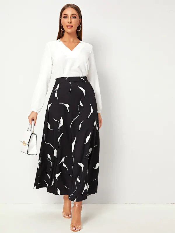 CM-BS724386 Women Casual Seoul Style High Waist Abstract Print Flared Maxi Skirt - Black