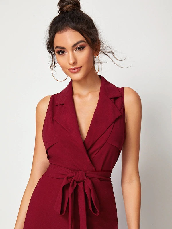 CM-DS722749 Women Casual Seoul Style Sleeveless Notch Collar Split Hem Wrap Belted Dress - Wine Red