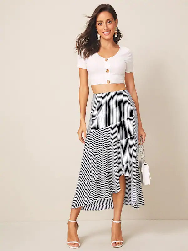 CM-BS724670 Women Casual Seoul Style Asymmetric Layered Ruffle Hem Stripe Skirt