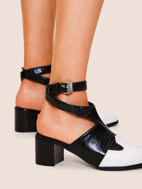 CM-SHS724643 Women Trendy Seoul Style Two Tone Ankle Strap Chunky Heels