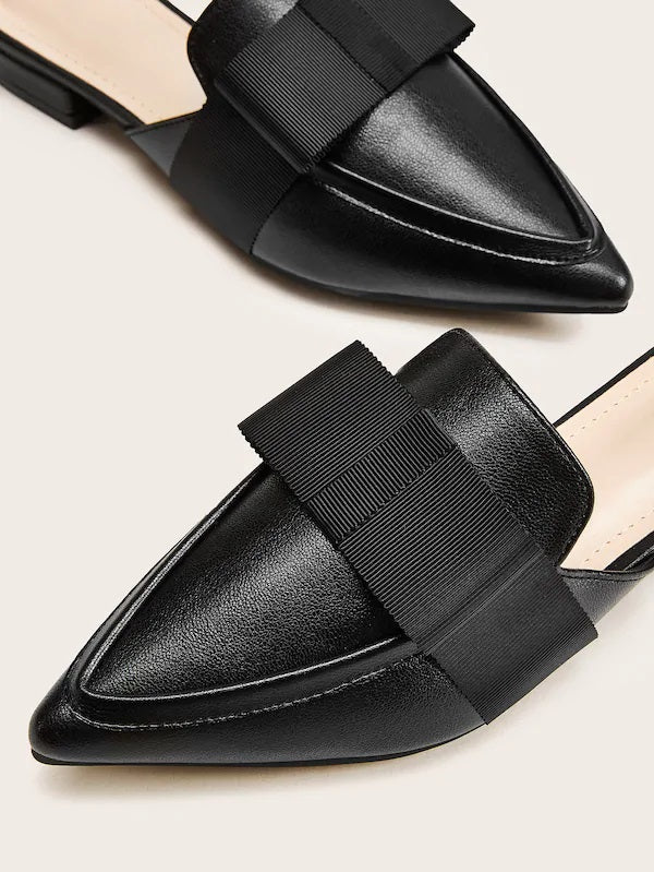 CM-SHS724645 Women Elegant Seoul Style Point Toe Bow Decor Flat Mules - Black