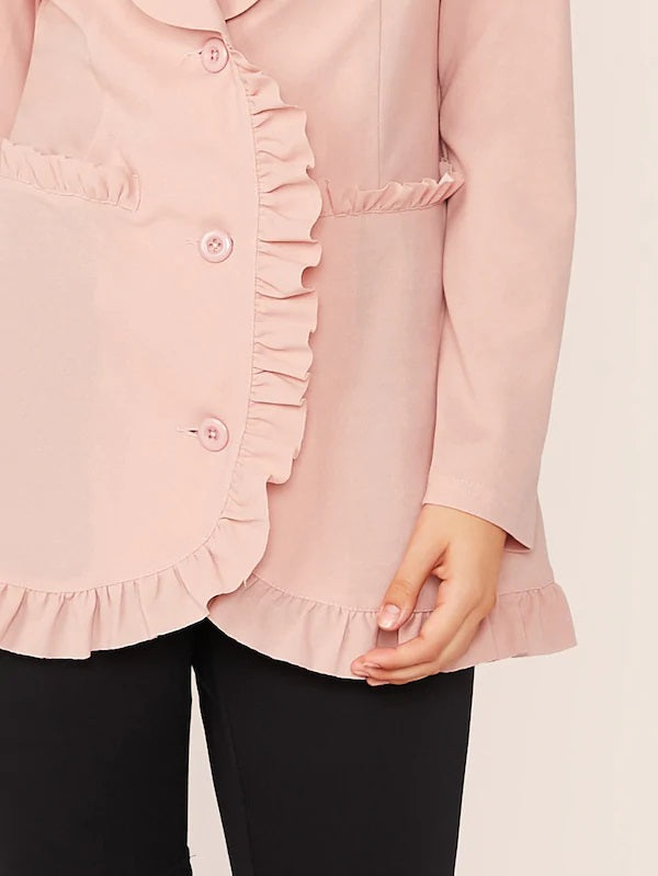 CM-CS712183 Women Elegant Seoul Style Shawl Long Sleeve Collar Frill Trim Button Front Blazer - Pink
