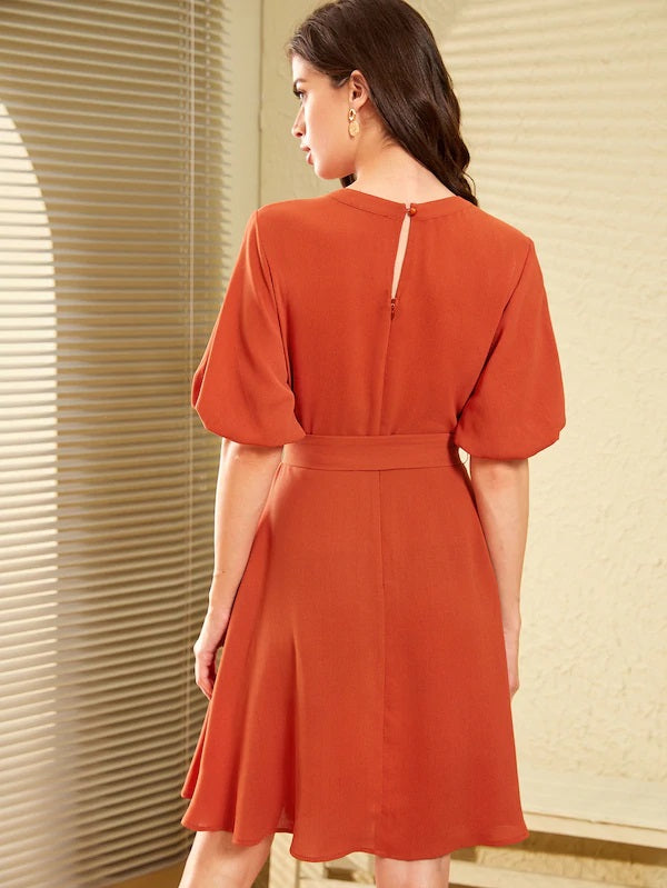 CM-DS702662 Women Casual Seoul Style Gathered Neckline Lantern Sleeve D-Ring Belted Dress - Orange