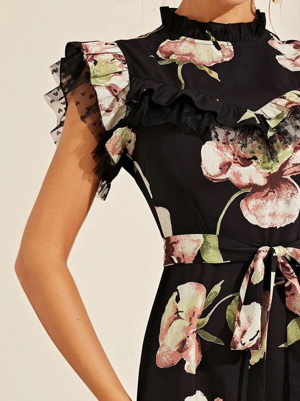 CM-DS710561 Women Casual Seoul Style Mock Neck Ruffle Trim Mesh Insert Belted Floral Dress - Black
