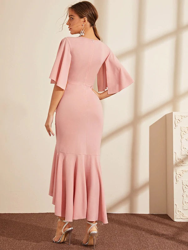 CM-DS711726 Women Elegant Seoul Style Half Split Sleeve Ruffle Hem Wrap Dress - Pink
