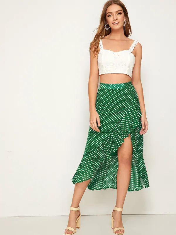 CM-BS704534 Women Casual Seoul Style High Waist Print Asymmetrical Ruffle Hem Skirt - Green