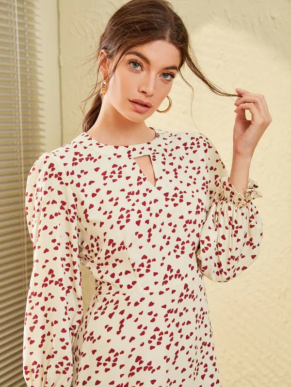 CM-DS726615 Women Casual Seoul Style Keyhole Neckline Confetti Heart Print Dress - Beige