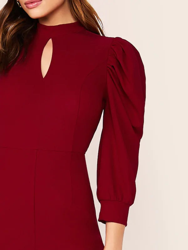 CM-JS708838 Women Elegant Seoul Style Mock-Neck Puff Sleeve Peekaboo Wide Leg Jumpsuit - Wine Red
