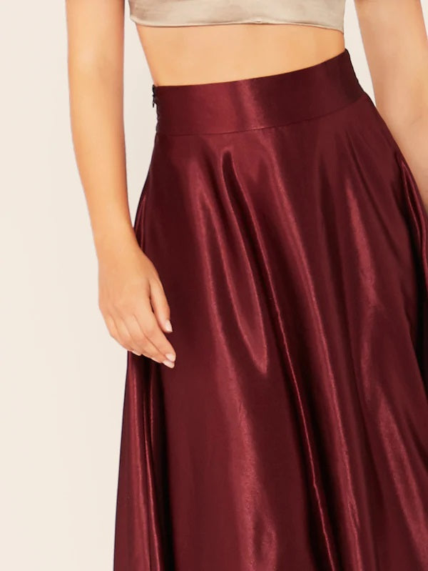 CM-BS717194 Women Casual Seoul Style High Waist Zipper Fly Fit & Flare Satin Skirt - Wine Red