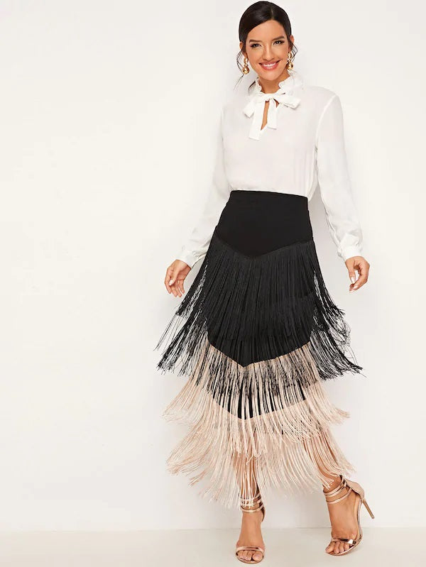 CM-BS708521 Women Elegant Seoul Style Two Tone Layered Fringe Detail Pencil Skirt - Black