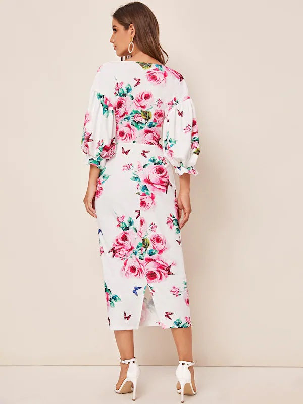 CM-DS730791 Women Elegant Seoul Style Surplice Neck Lantern Sleeve Split Hem Floral Dress - White