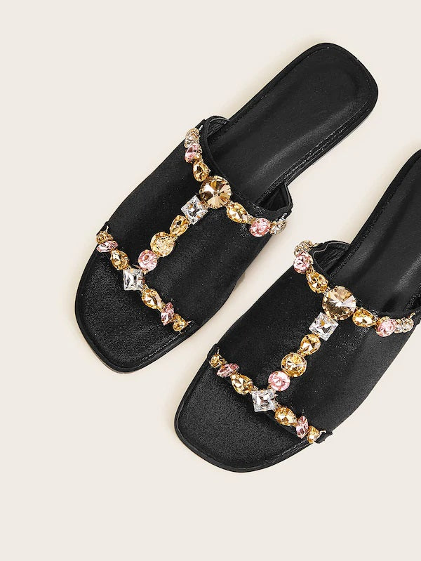 CM-SHS730227 Women Elegant Seoul Style Jewelled Decor Open Toe Flat Sliders - Black