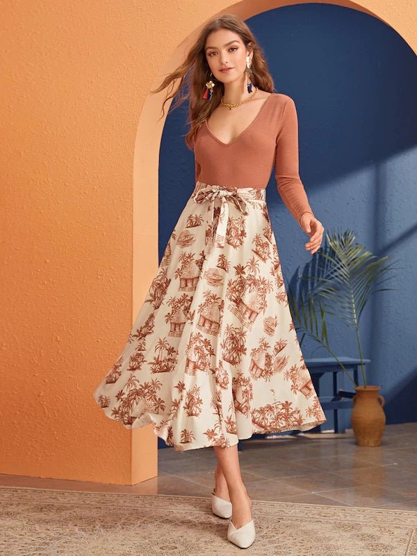 CM-BS604583 Women Casual Seoul Style Mid Waist Landscape Print Belted Fit And Flare Skirt - Beige