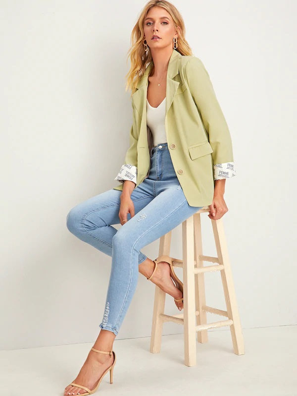 CM-CS731480 Women Elegant Seoul Style Long Sleeve Rolled Cuff Single Breasted Blazer - Green