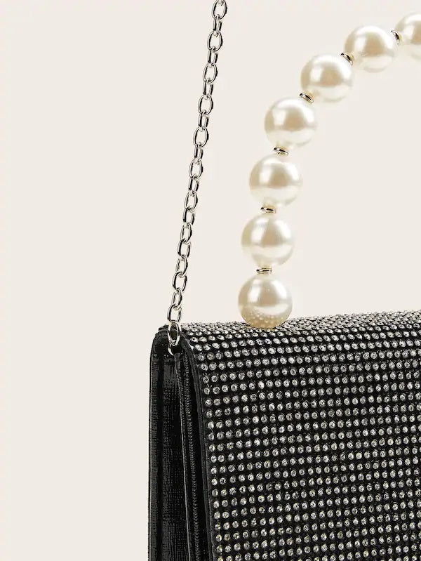 CM-BGS731057 Women Elegant Rhinestone Decor Clutch Bag With Faux Pearl Handle - Black