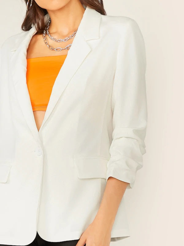 CM-CS716703 Women Elegant Seoul Style Single Button Gathered Sleeve Blazer - White