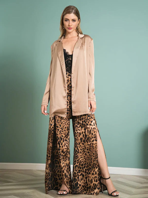 CM-CS801940 Women Elegant Seoul Style Long Sleeve Solid Open Front Satin Blazer - Brown