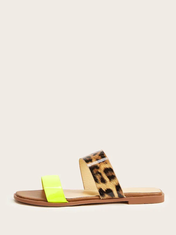 CM-SHS802394 Women Casual Seoul Style Double Strap Leopard Flat Sliders