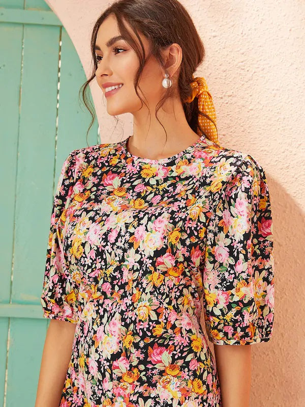 CM-DS805466 Women Trendy Seoul Style Half Sleeve Round Neck Floral Print Long Dress