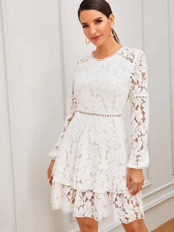 CM-DS724599 Women Elegant Seoul Style Long Sleeve Zip Back Layered Lace Short Dress - White