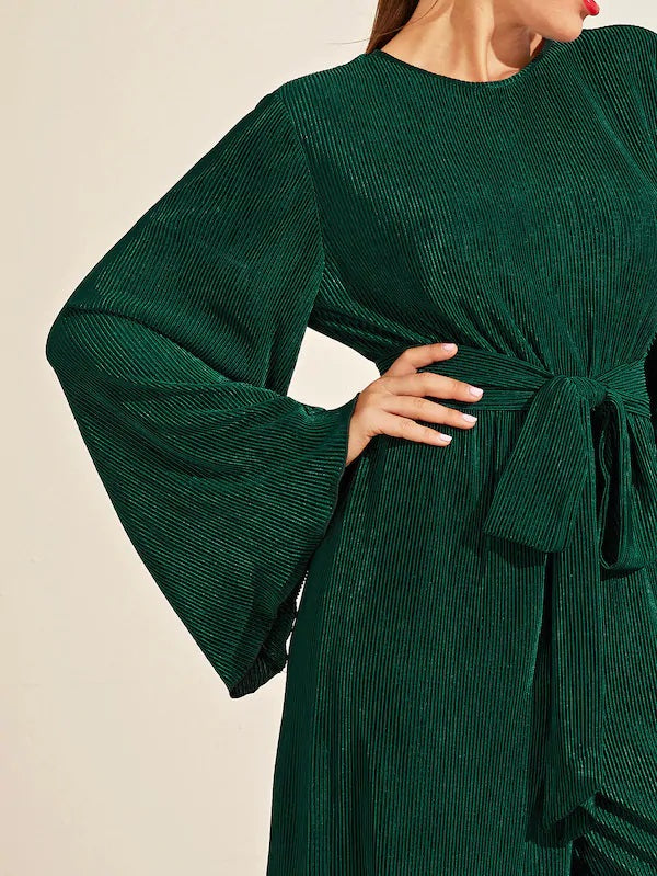 CM-JS708449 Women Elegant Seoul Style Bell Sleeve Pleated Lettuce Trim Belted Jumpsuit - Green