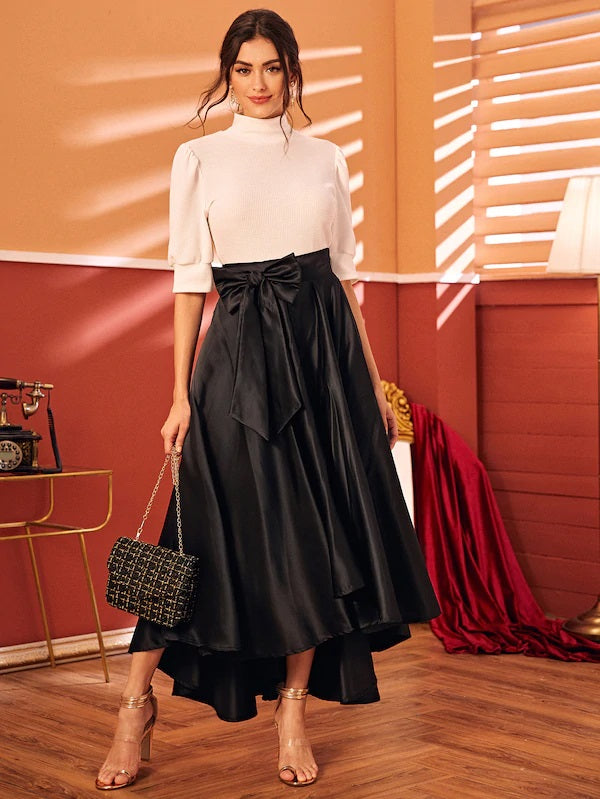 CM-BS806969 Women Elegant Seoul Style Satin Big Bow High Waist Long Skirt - Black