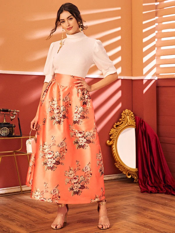 CM-BS806536 Women Elegant Seoul Style Floral Print Dual Pockets Maxi Skirt - Orange