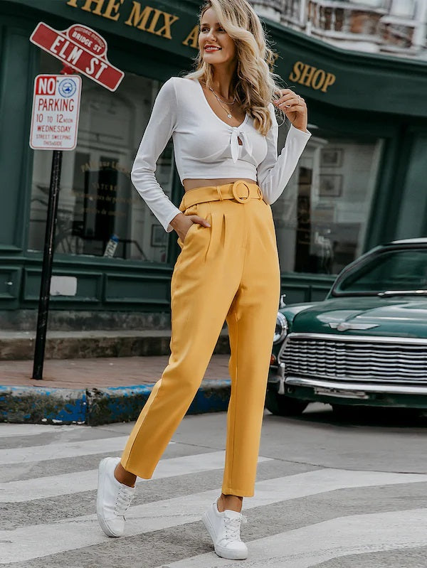 CM-BS806325 Women Elegant Seoul Style High Waist Belted O-Ring Slant Pocket Pants - Yellow