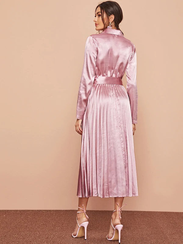 CM-DS722714 Women Elegant Seoul Style Notch Neck Self Belted Pleated Satin Long Dress - Pink