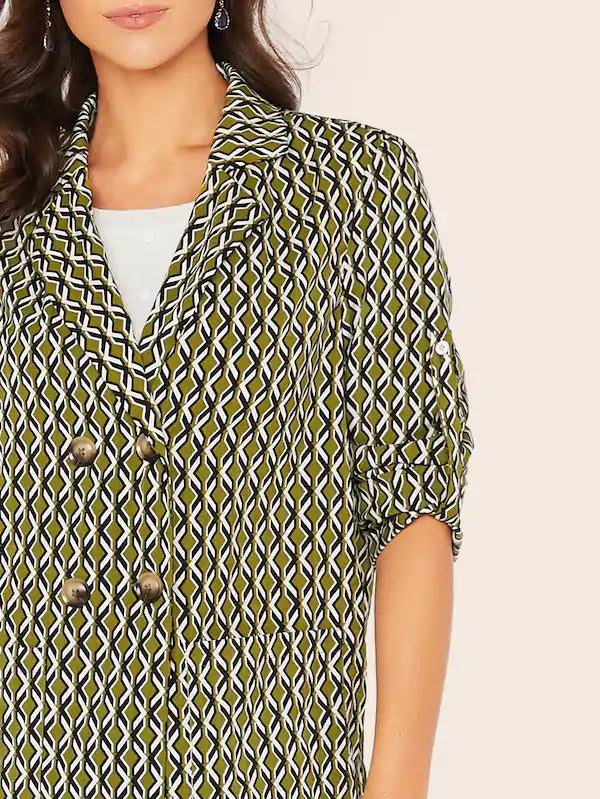 CM-CS725673 Women Casual Seoul Style Graphic Double Breasted Roll Up Sleeve Pocket Blazer - Green