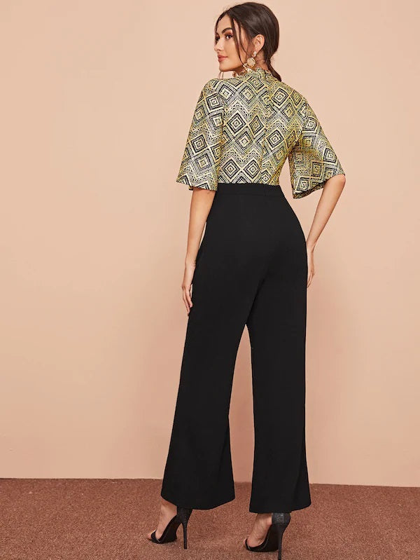 CM-JS807753 Women Elegant Seoul Style Mock-Neck Glitter Bodice Flutter Sleeve Wide Leg Jumpsuit