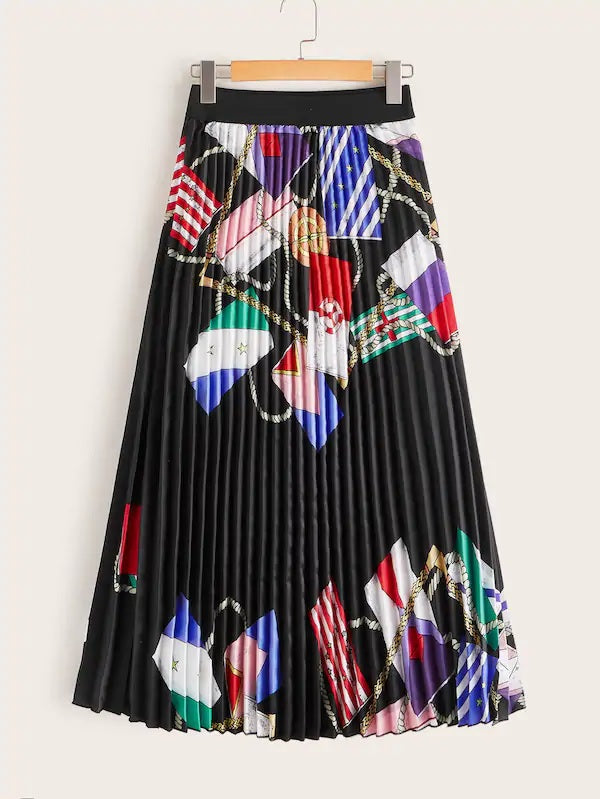 CM-BS709431 Women Trendy Seoul Style High Waist Graphic Print Pleated Skirt - Black