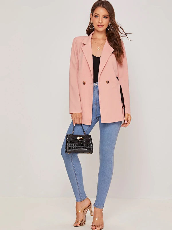 CM-CS712965 Women Elegant Seoul Style Long Sleeve Lace Up Double Buttoned Blazer - Pink