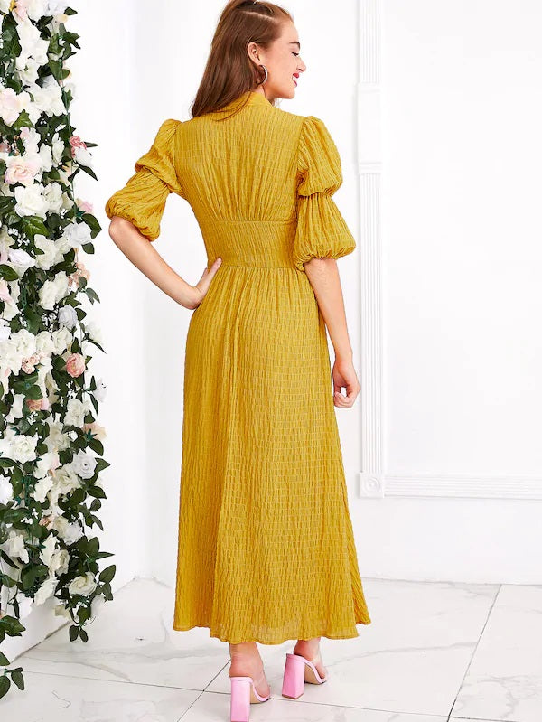 CM-DS603759 Women Bohemian Style Half Sleeve Button Front Plunge Neck Slit Hem Dress - Yellow