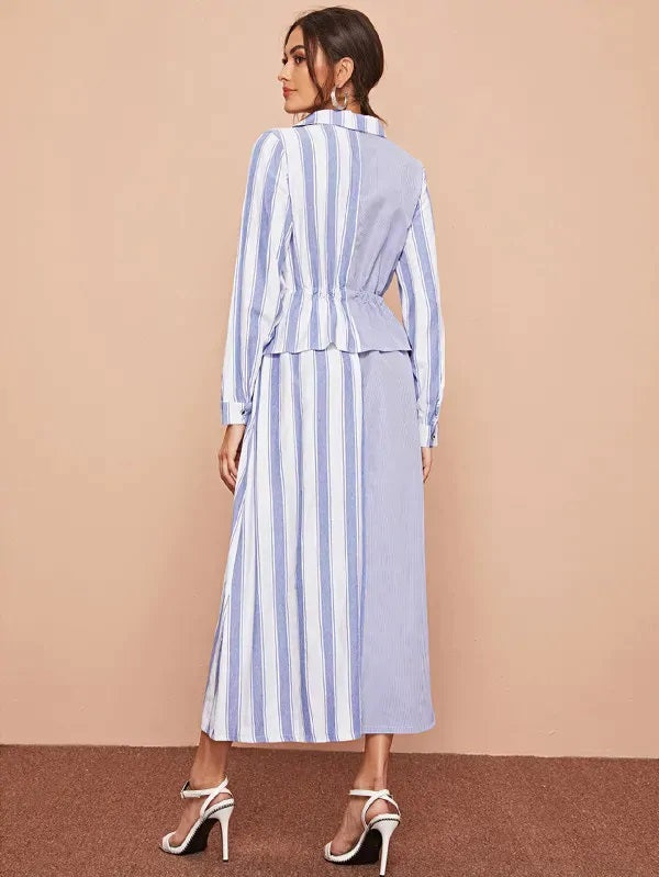 CM-DS808207 Women Casual Seoul Style Long Sleeve Asymmetrical Hem Striped Tie Side Shirt Dress - Blue