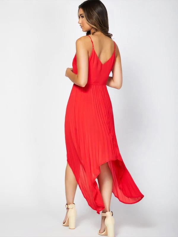 CM-DS718540 Women Casual Seoul Style Sleeveless Asymmetrical Pleated Dip Hem Dress - Red