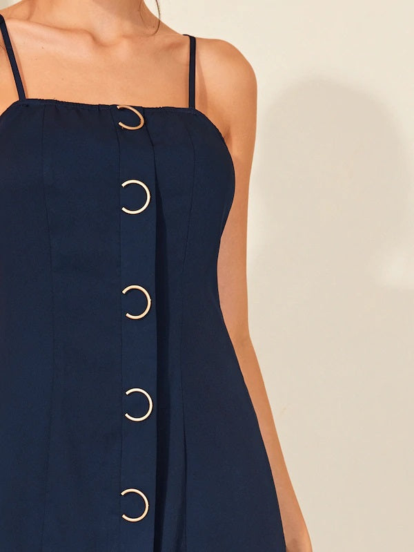 CM-DS726230 Women Casual Seoul Style Sleeveless Split Hem Ring Detail Slip Dress - Navy Blue