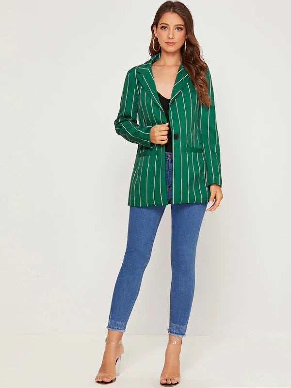 CM-CS813863 Women Elegant Seoul Style Long Sleeve Dual Pocket Single Button Striped Blazer - Green