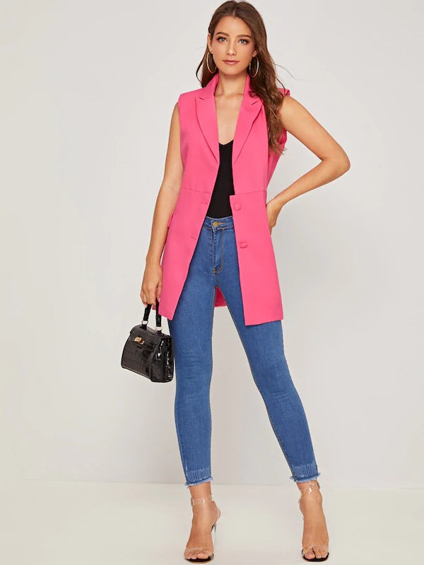 CM-CS813915 Women Casual Seoul Style Solid Button Front Flap Pocket Vest Blazer - Pink
